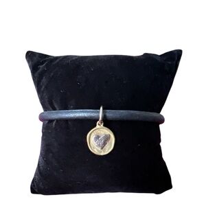 henri bendel Black Leather Bracelet with Gold Heart Charm